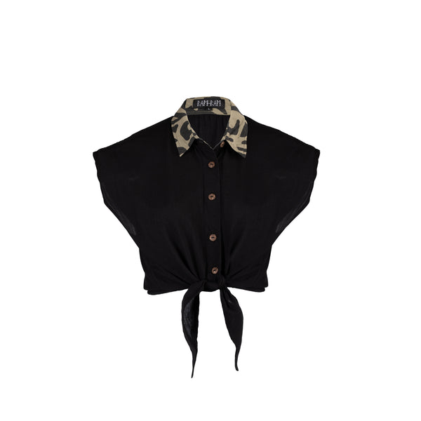 OLIVE COLLAR & BLACK MINI TIE-UP SHIRT