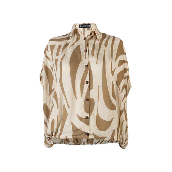 Bam-Bam new SS26 Flux collection Sleeveless Shirt in Cream & Camel, forest print, on a white background.