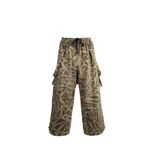 Bam-Bam new SS26 Flux collection Bagus Pants, in sage and olive jungle print, on a white background