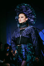 Side view of purple-black BAM-BAM skirt featuring cubist patternism, artistic sustainable fashion