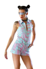 Model wearing BAM-BAM Pastel Playsuit showcasing sustainable streetwear with cubist patternism.