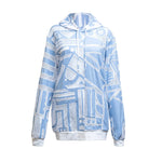 Front view of ice-blue mesh BAM-BAM hoodie with abstract prints, wearable art streetwear style