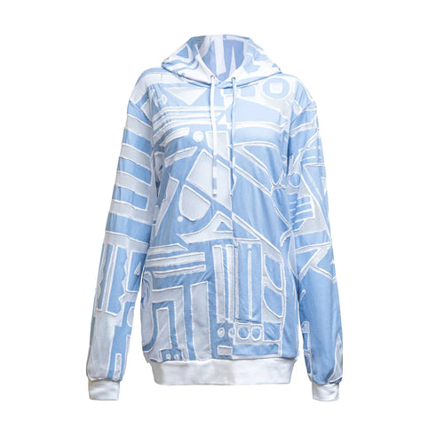 Front view of ice-blue mesh BAM-BAM hoodie with abstract prints, wearable art streetwear style