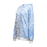 Side view of ice-blue mesh BAM-BAM hoodie featuring cubist patternism, artistic sustainable fashion