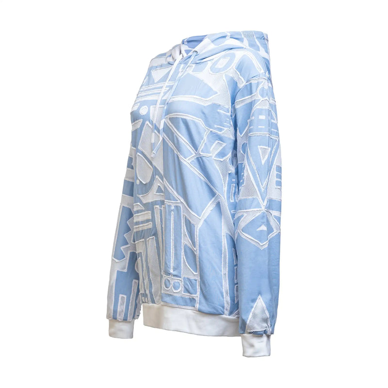 Side view of ice-blue mesh BAM-BAM hoodie featuring cubist patternism, artistic sustainable fashion