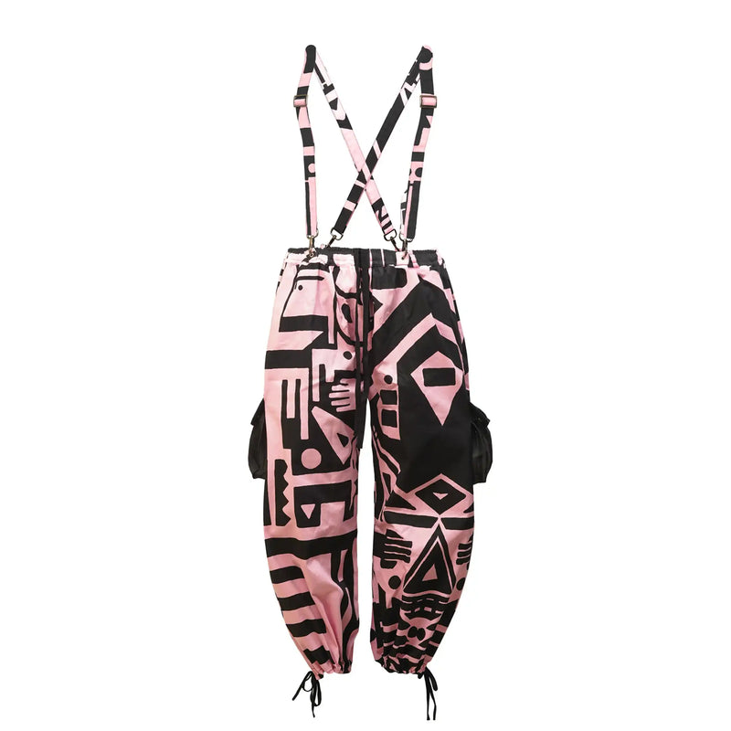 Front view of Pink and Black Bagus Pants highlighting wearable art-inspired abstract pattern.