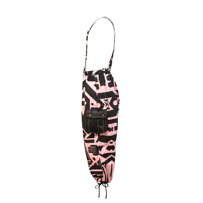 Side detail of Pink and Black Bagus Pants with artistic abstract print and sustainable craftsmanship.