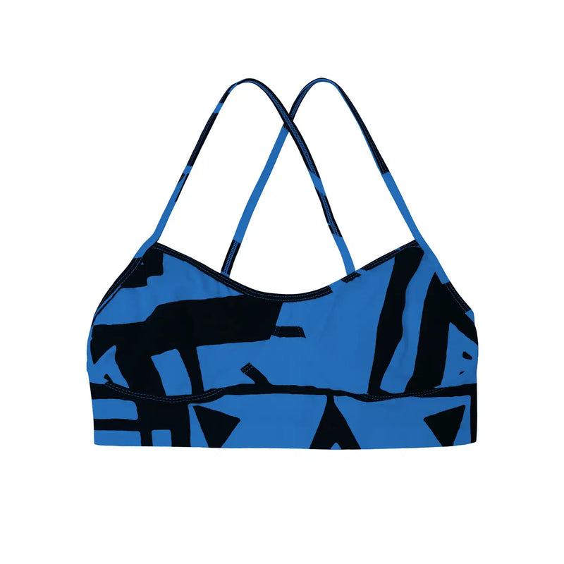 BAM-BAM dark blue and black bra top with abstract cubist streetwear print, sustainable wearable art for self-expression.