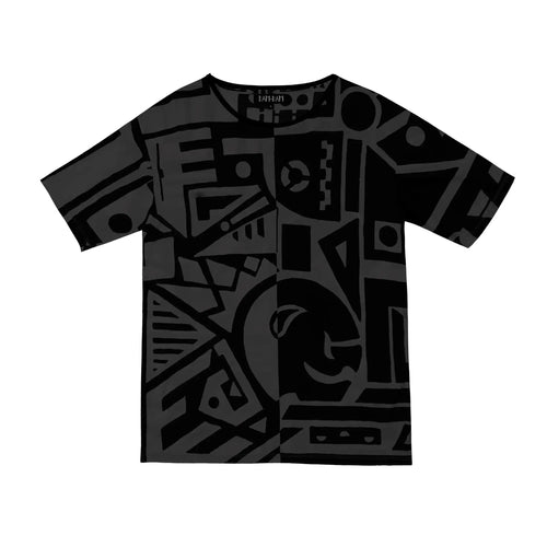 Front view of Charcoal and Black BAM-BAM Oversized Tee with abstract prints, wearable art streetwear style.