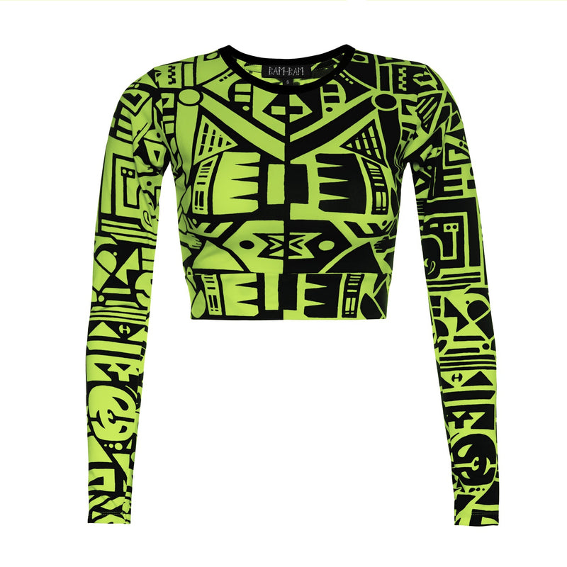 GREEN & BLACK LONG-SLEEVED CROP TOP