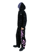 Model wearing Purple and Black BAM-BAM headmask styled for expressive streetwear looks.
