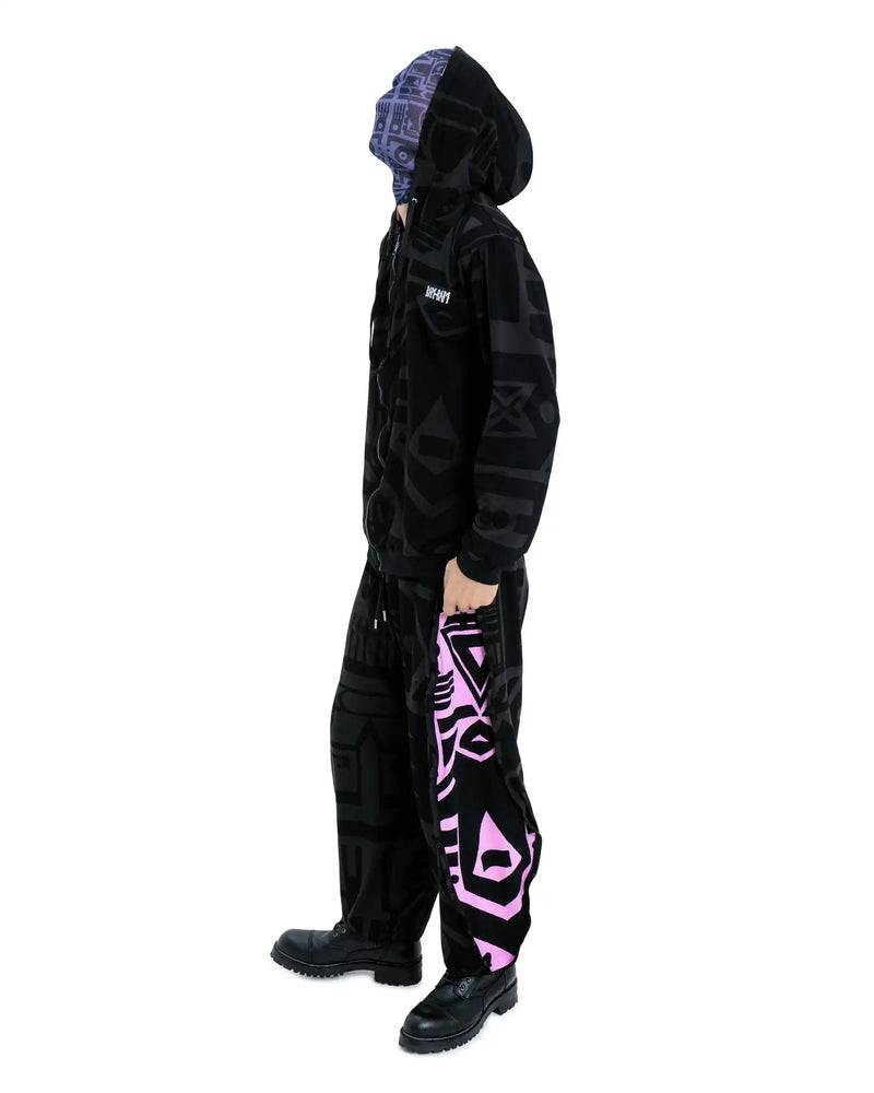 Model wearing Purple and Black BAM-BAM headmask styled for expressive streetwear looks.