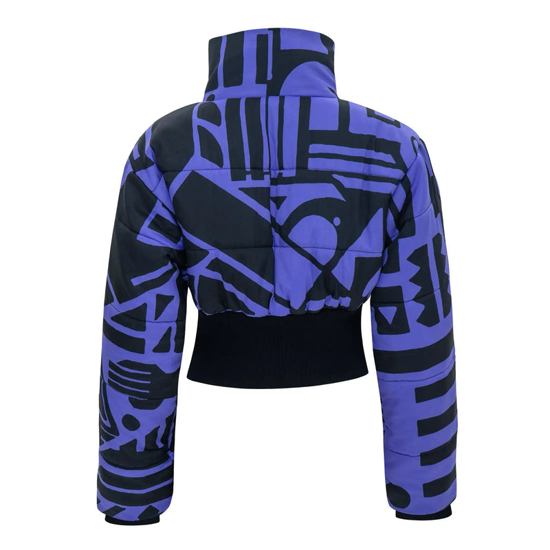 Back Side of BAM BAM Purple & Black Cropped Puffer Jacket with artistic streetwear attitude.