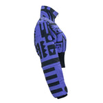 Side View of of BAM BAM Purple & Black Cropped Puffer Jacket highlighting cubist-inspired silk details.