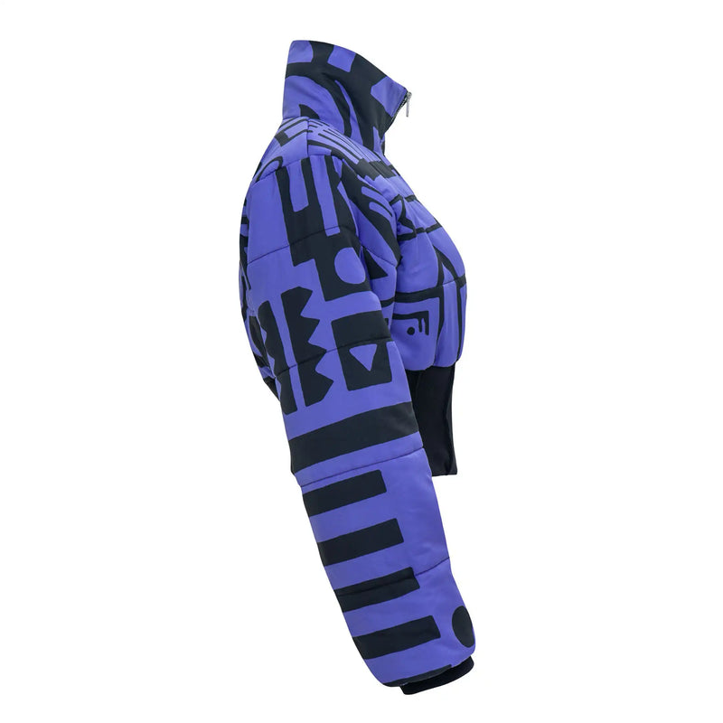 Side View of of BAM BAM Purple & Black Cropped Puffer Jacket highlighting cubist-inspired silk details.