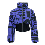 Purple & Black Cropped Puffer Jacket by BAM BAM, sustainable streetwear with bold silhouette and cubist edge