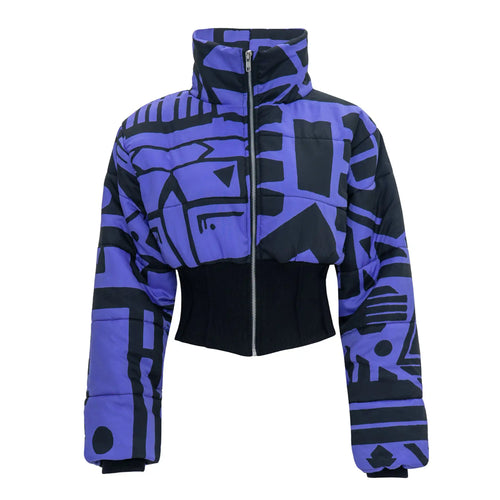 Purple & Black Cropped Puffer Jacket by BAM BAM, sustainable streetwear with bold silhouette and cubist edge
