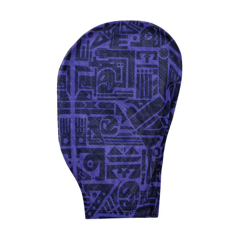 Purple and Black BAM-BAM headmask featuring eco-conscious materials and abstract print details.