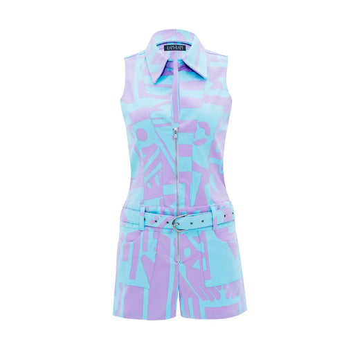 Front view of BAM-BAM Pastel Playsuit with abstract prints, wearable art streetwear design.