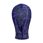 Front view of Purple and Black BAM-BAM headmask with abstract prints, wearable art streetwear accessory.