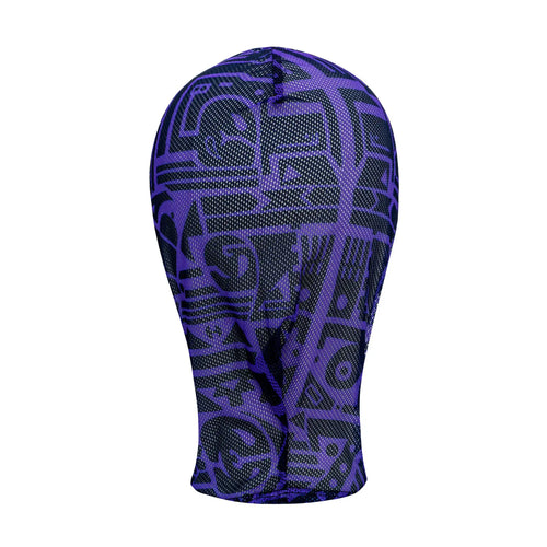 Front view of Purple and Black BAM-BAM headmask with abstract prints, wearable art streetwear accessory.