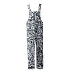 Front view of BAM-BAM Black and White Senshi Dungarees featuring abstract prints and artistic streetwear design.