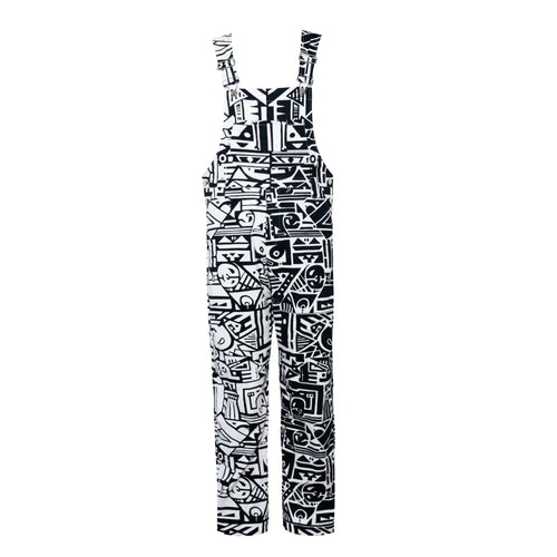Front view of BAM-BAM Black and White Senshi Dungarees featuring abstract prints and artistic streetwear design.