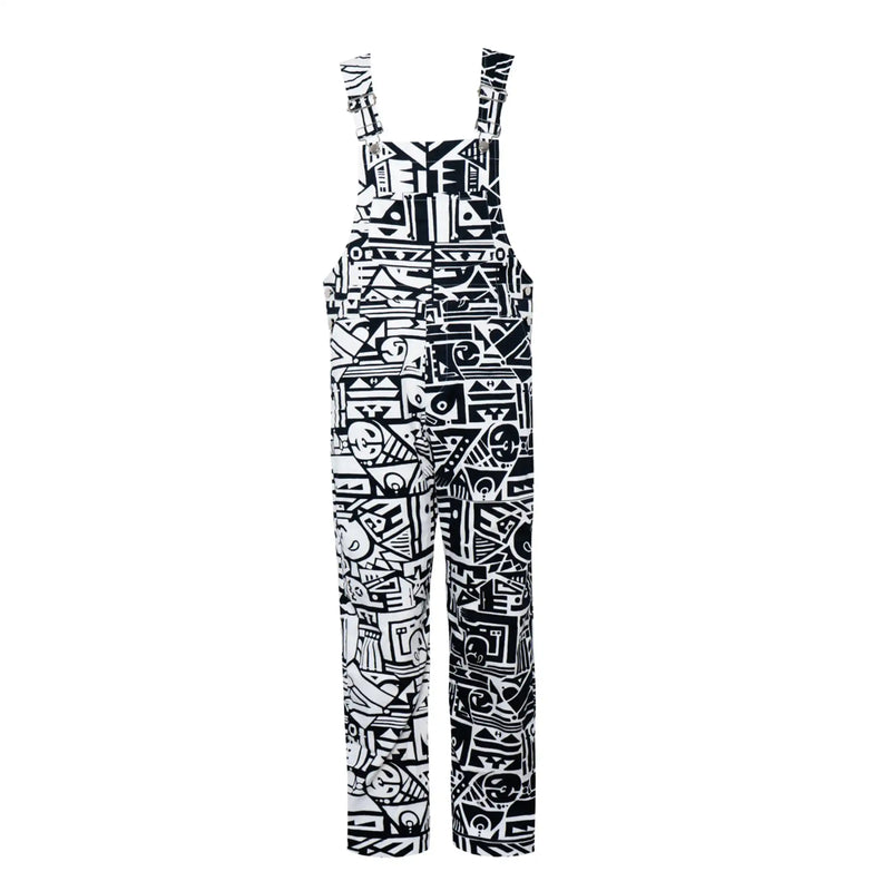 Front view of BAM-BAM Black and White Senshi Dungarees featuring abstract prints and artistic streetwear design.