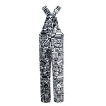 Back view of BAM-BAM Black and White Senshi Dungarees featuring sustainable streetwear artistry and bold visual contrast.
