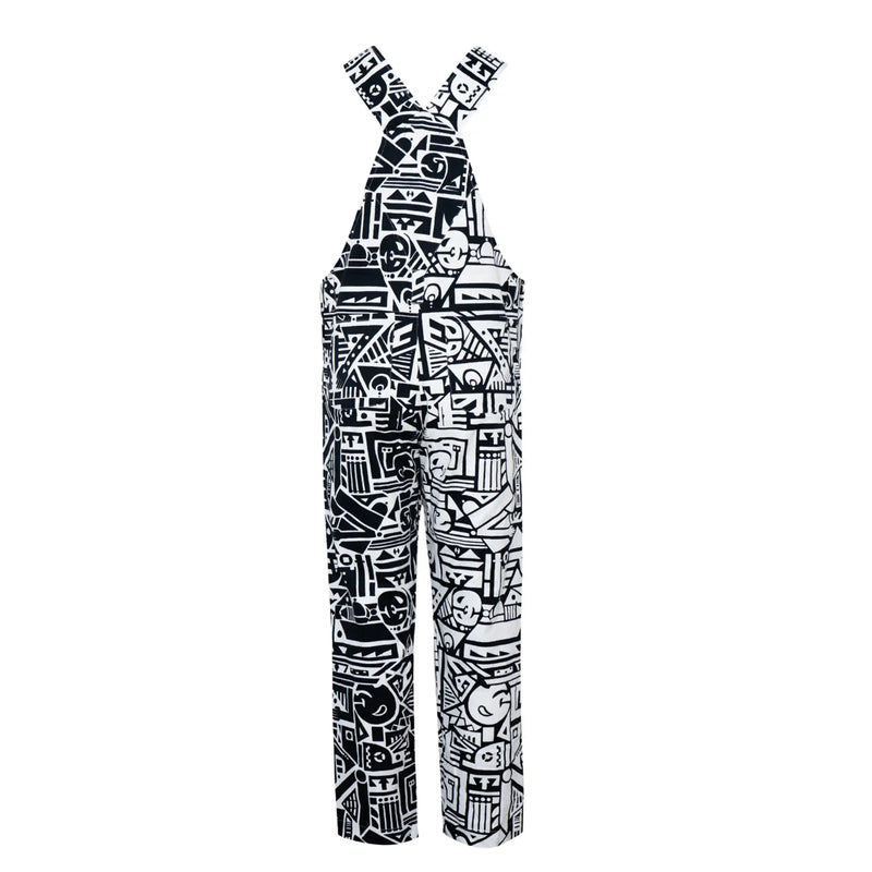 Back view of BAM-BAM Black and White Senshi Dungarees featuring sustainable streetwear artistry and bold visual contrast.