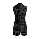 Back Side of Charcoal BAM-BAM Senshi playsuit with artistic and sustainable design aesthetic.