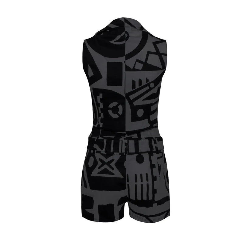 Back Side of Charcoal BAM-BAM Senshi playsuit with artistic and sustainable design aesthetic.