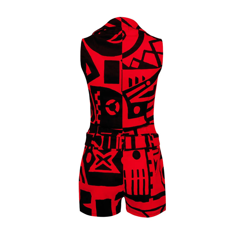 Back Side of Red & Black BAM-BAM Playsuit showing abstract fabric texture and design details.