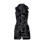 Front side of charcoal BAM-BAM Senshi playsuit with abstract prints, wearable art streetwear style.