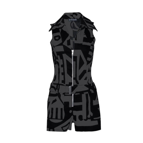 Front side of charcoal BAM-BAM Senshi playsuit with abstract prints, wearable art streetwear style.