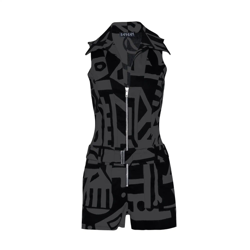 Front side of charcoal BAM-BAM Senshi playsuit with abstract prints, wearable art streetwear style.