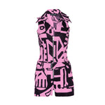 Front view of Pink & Black BAM-BAM playsuit with abstract prints, wearable art streetwear style.
