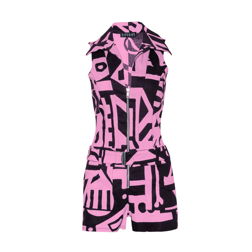 Front view of Pink & Black BAM-BAM playsuit with abstract prints, wearable art streetwear style.