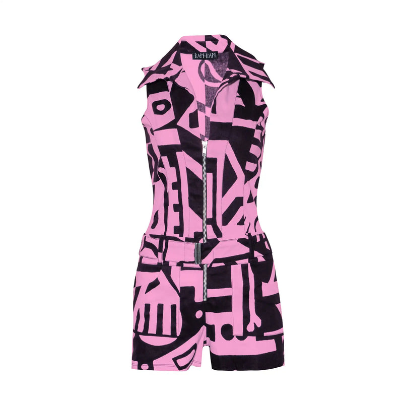 Front view of Pink & Black BAM-BAM playsuit with abstract prints, wearable art streetwear style.