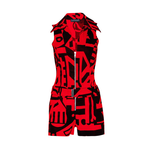 Front view of Red & Black BAM-BAM Playsuit featuring abstract prints and wearable art design.