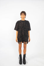Full Body of Charcoal and Black BAM-BAM Oversized Tee fabric showing abstract print texture and sustainable material.