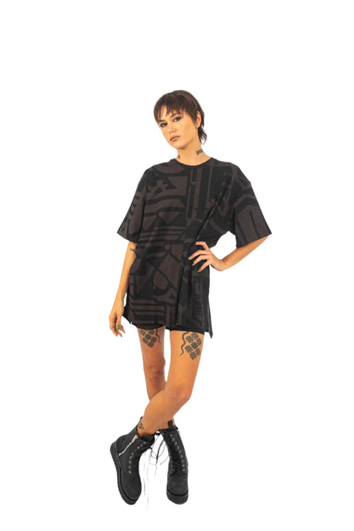 Model Wearing BAM-BAM cCharcoal and Black BAM-BAM Oversized Tee showcasing cubist patternism and sustainable streetwear design.