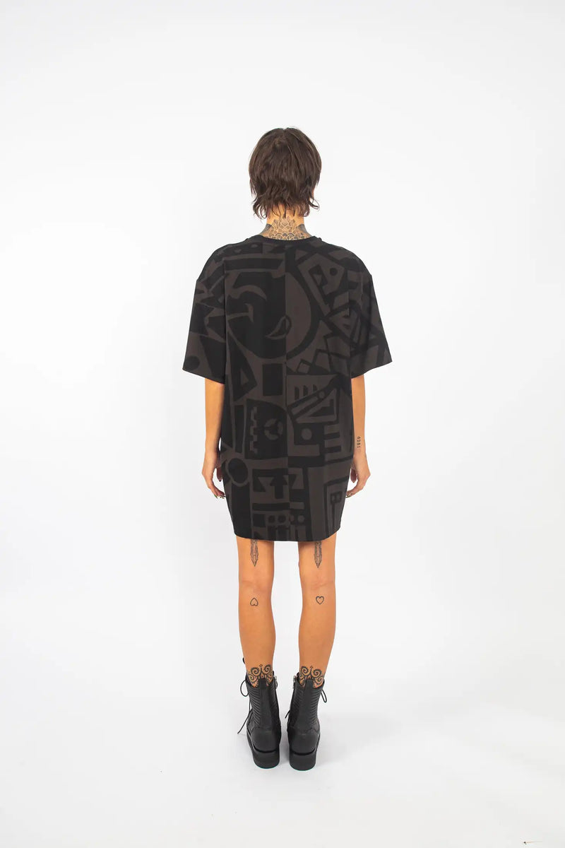 Back view of Charcoal and Black BAM-BAM Oversized Tee featuring cubist-inspired artwork.