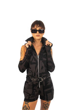 BAM-BAM charcoal Senshi playsuit showcasing cubist patternism and sustainable streetwear design.