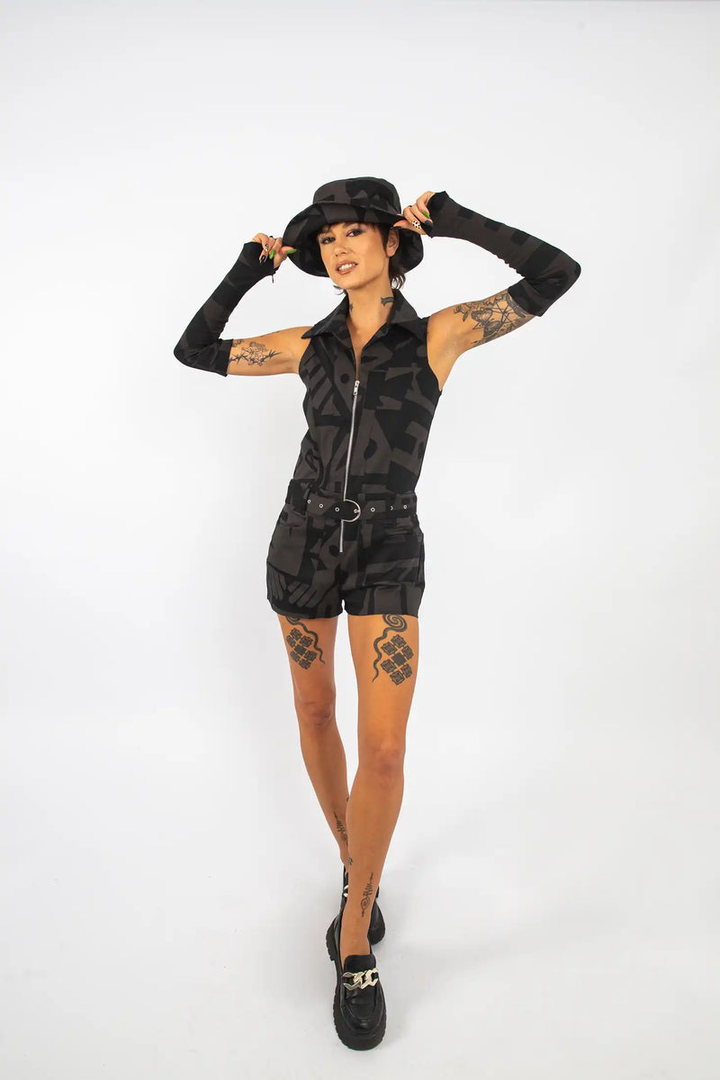BAM-BAM Senshi playsuit displayed as wearable art streetwear.