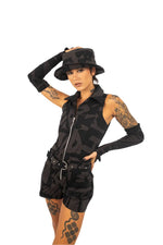 Styled BAM-BAM Senshi playsuit featuring bold wearable art prints.