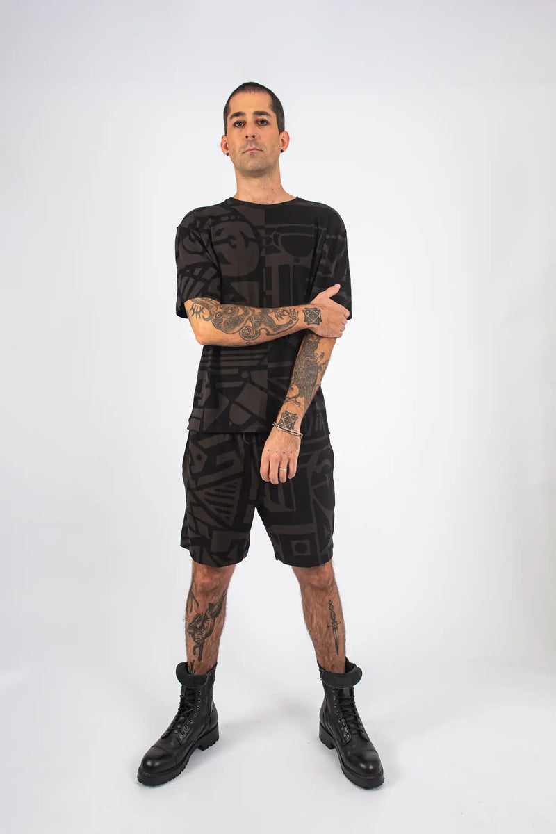 Detail shot of Charcoal and Black BAM-BAM Oversized Tee and abstract print finish.
