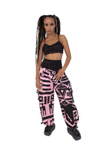 Matching with BAM-BAM Pink and Black Bagus Pants highlighting asymmetric abstract print design.