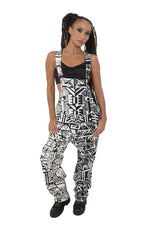 Model Wearing BAM-BAM Black and White Senshi Dungarees showcasing wearable art and sustainable streetwear craftsmanship.