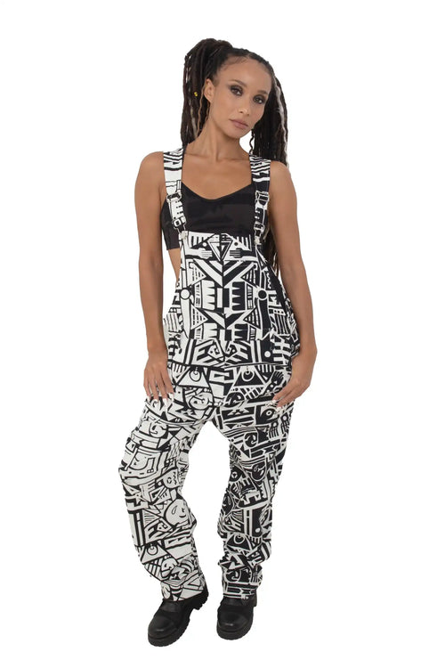 Model Wearing BAM-BAM Black and White Senshi Dungarees showcasing wearable art and sustainable streetwear craftsmanship.